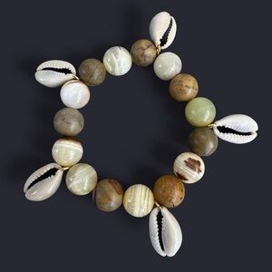 Agate & Jasper Cowrie Shell Charm Bead Bracelet